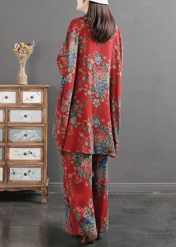 Red Print Pockets Patchwork Tops and Pants Cotton Two Pieces Set Summer