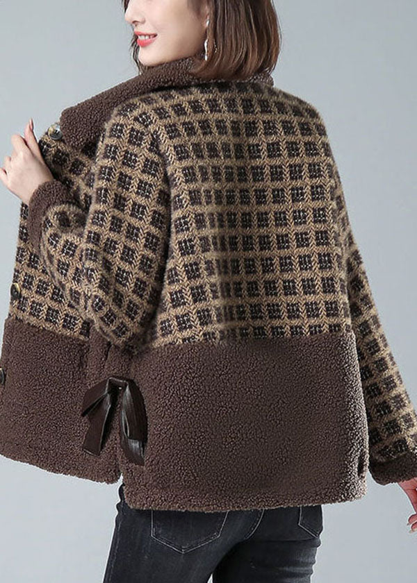 Khaki Peter Pan Collar Pockets Plaid Faux Fur Coats Winter