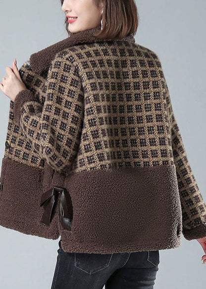 Khaki Peter Pan Collar Pockets Plaid Faux Fur Coats Winter
