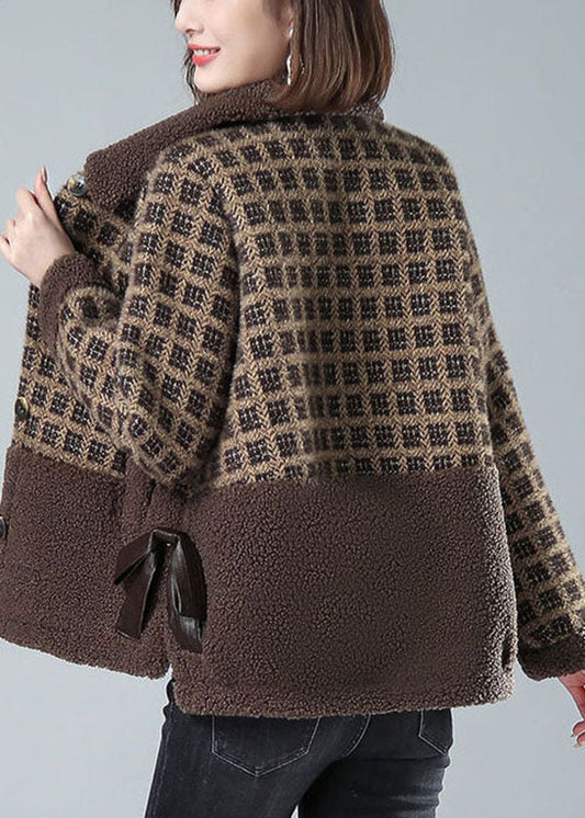 Khaki Peter Pan Collar Pockets Plaid Faux Fur Coats Winter