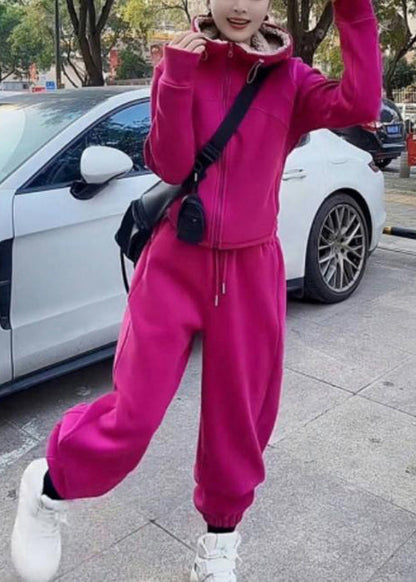 Simple Rose Hooded Coat and Pants Warm Fleece Two Pieces Set Spring