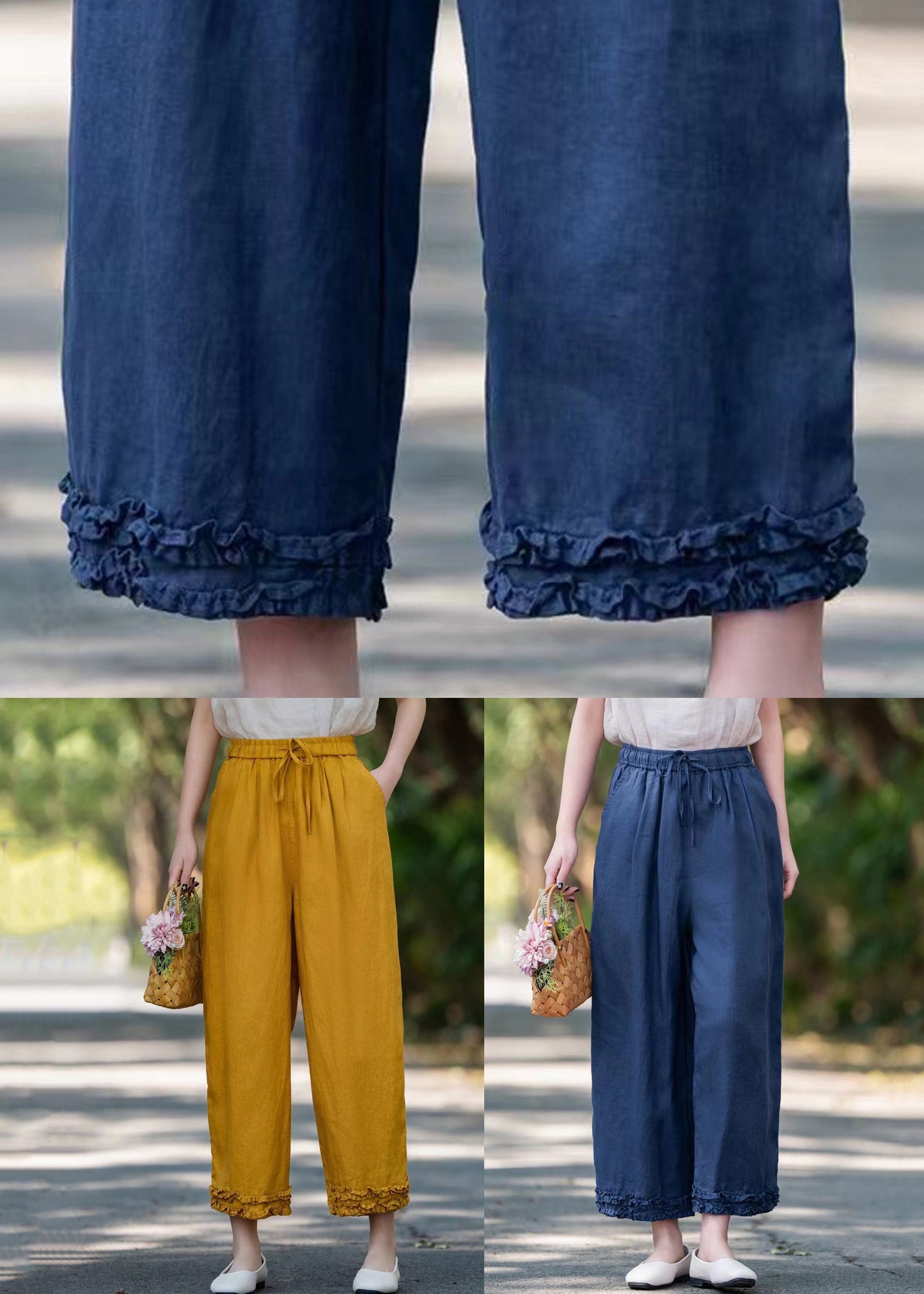 Navy Ruffled Pockets Linen Summer Crop Pants Elastic Waist
