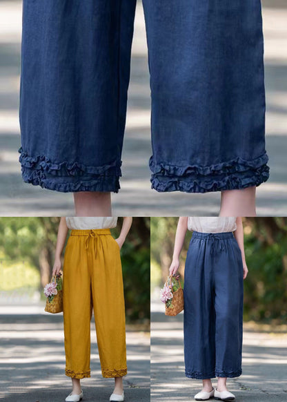 Navy Ruffled Pockets Linen Summer Crop Pants Elastic Waist