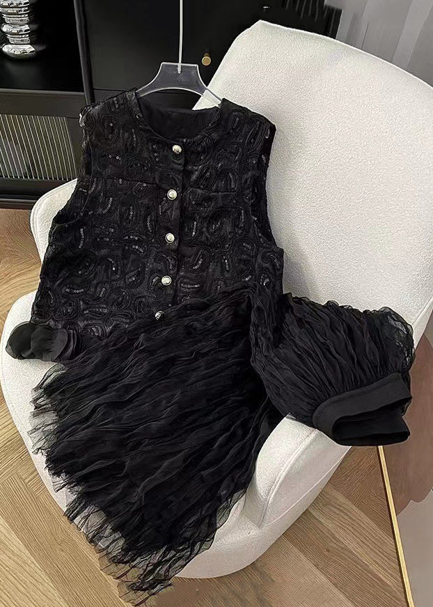 Black Sequins Waistcoat Tops and Skirts Two Pieces Set Sleeveless