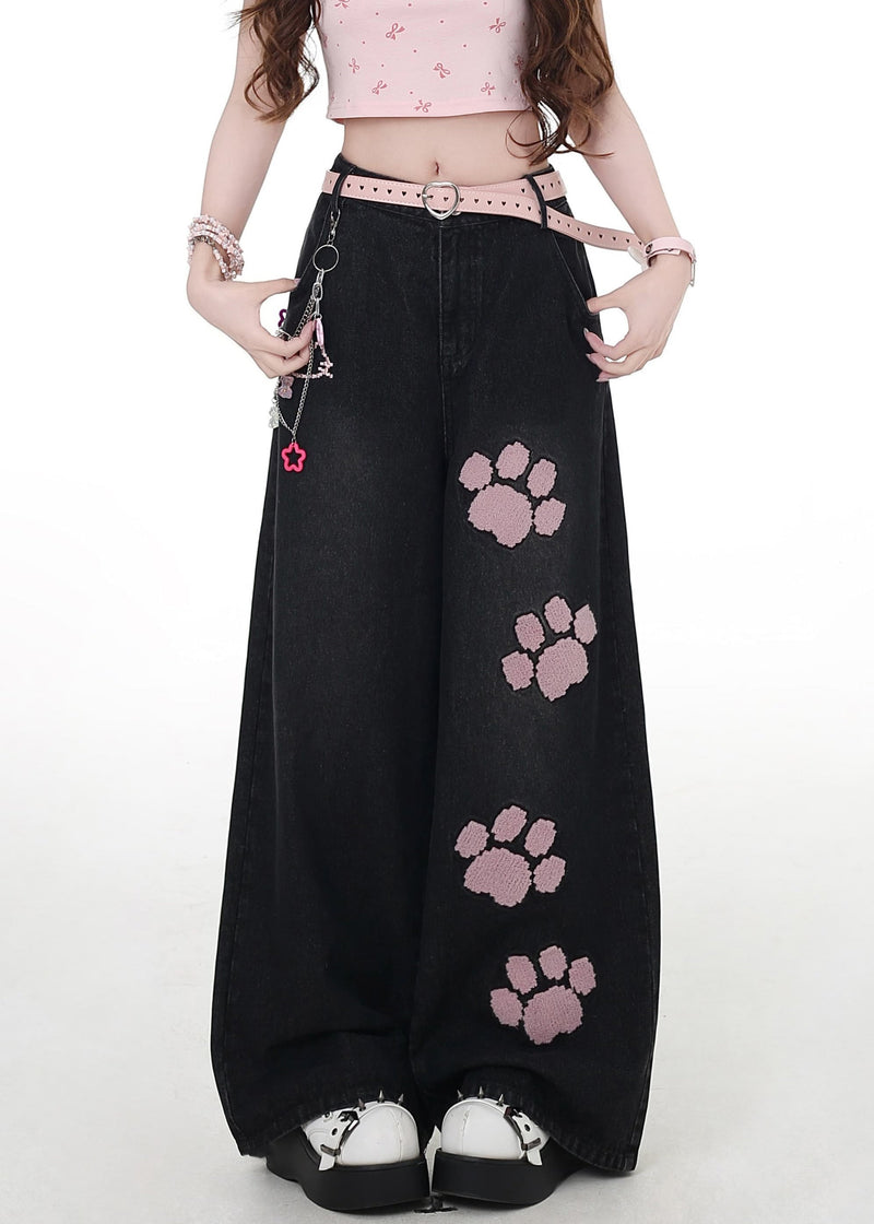 Modern Black Embroidered Pockets High Waist Denim Wide Leg Pants Fall