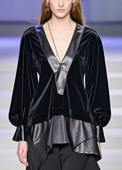 Black Asymmetrical Faux Leather Patchwork Silk Velour Shirt Top Fall