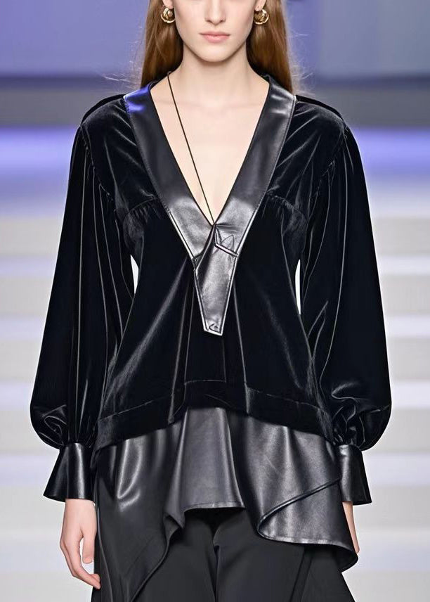 Black Asymmetrical Faux Leather Patchwork Silk Velour Shirt Top Fall