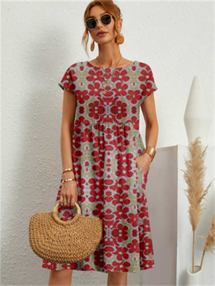 New Loose Cotton and Linen Sleeveless Round Neck Printed A-line Skirt