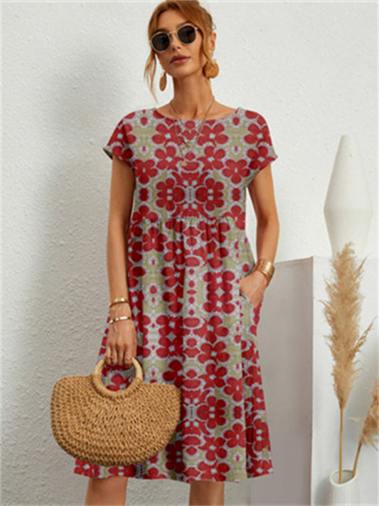 New Loose Cotton and Linen Sleeveless Round Neck Printed A-line Skirt