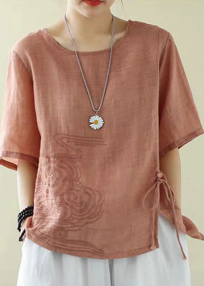 Classy Orange O-neck Embroidered Drawstring Low High Design Cotton Tops Short Sleeve