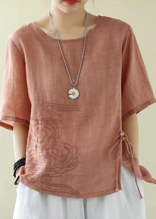Classy Orange O-neck Embroidered Drawstring Low High Design Cotton Tops Short Sleeve