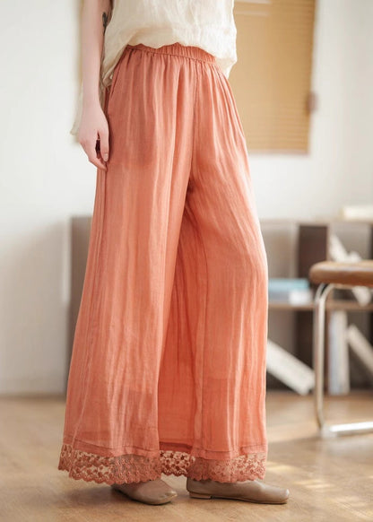 New Black Lace Patchwork Elastic Waist Linen Wide Leg Pants Summer