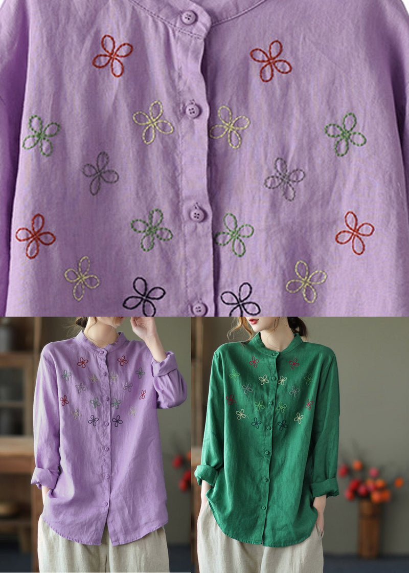 Purple Stand Collar Embroidered Linen Shirt Long Sleeve