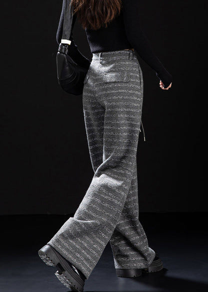 Grey Pockets Striped Woolen Wide Leg Pants Winter
