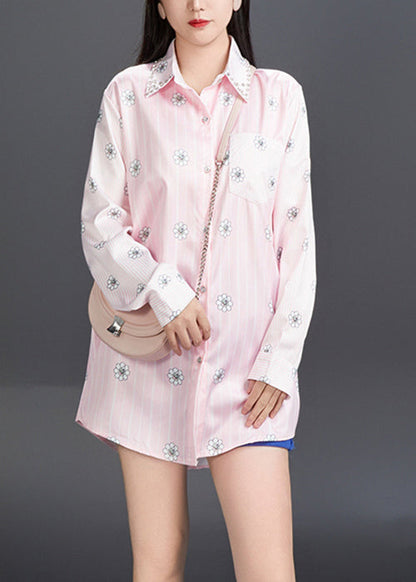 Art Pink Peter Pan Collar Print Cotton Shirt Fall