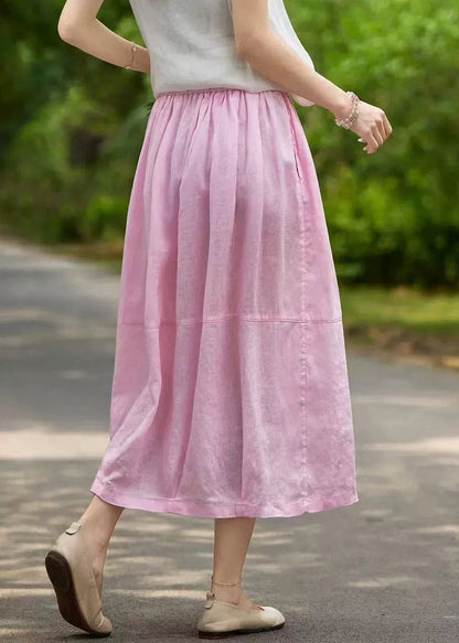 Pink Pockets Elastic Waist Linen Skirt Summer