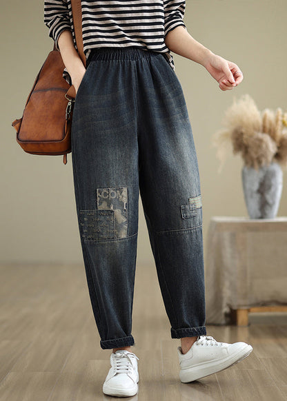Navy Pockets Applique Elastic Waist Denim Pants Fall