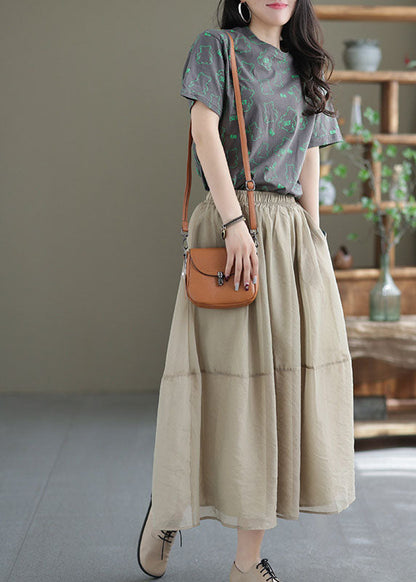 Khaki Elastic Waist Patchwork Organza Skirts Spring