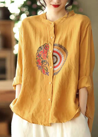 Yellow Button Linen Shirt Tops Stand Collar Long Sleeve