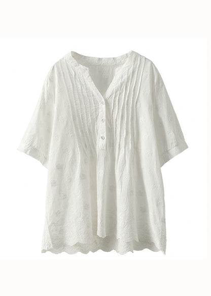 Classy White V Neck Embroidered Patchwork Cotton Shirt Top Summer