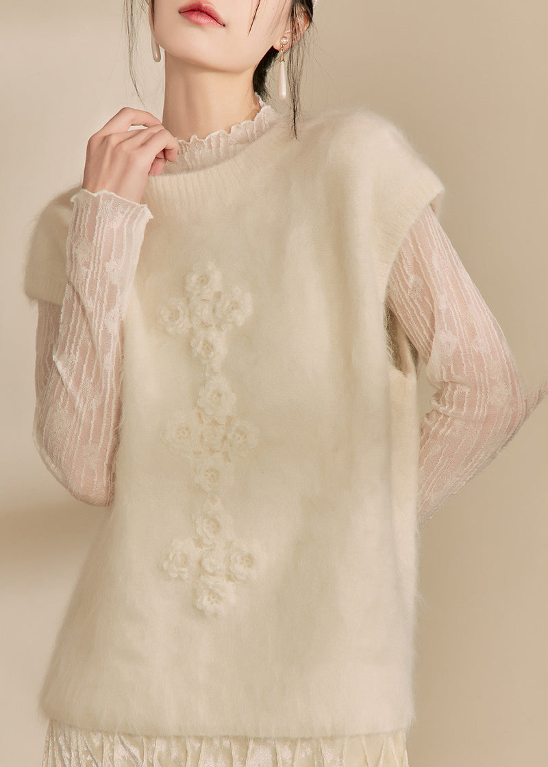 Simple Beige O-neck Cozy Cotton Knit Waistcoat Winter