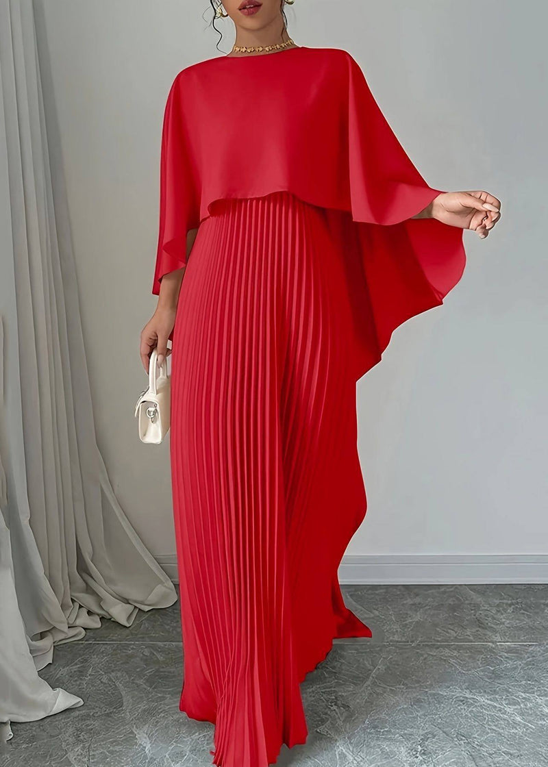 Red Wrinkled Long Dress Batwing Sleeve