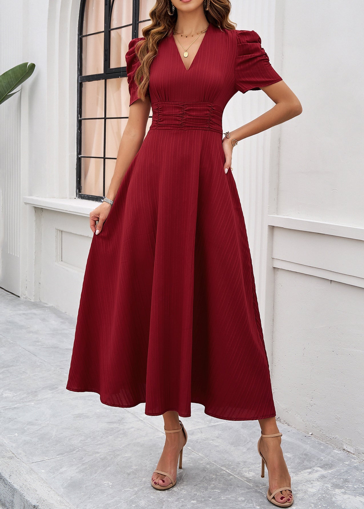 Red V Neck Wrinkled Cotton Long Dress Summer