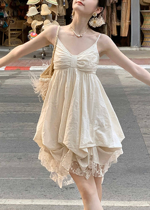 Beige V Neck Lace Cotton Mini Dresses Sleeveless