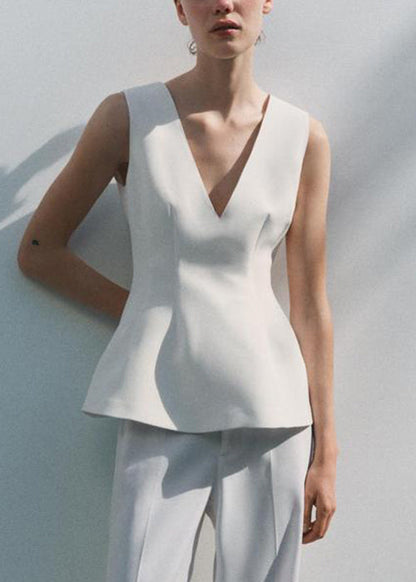 White Zippered Spandex Top V Neck Summer