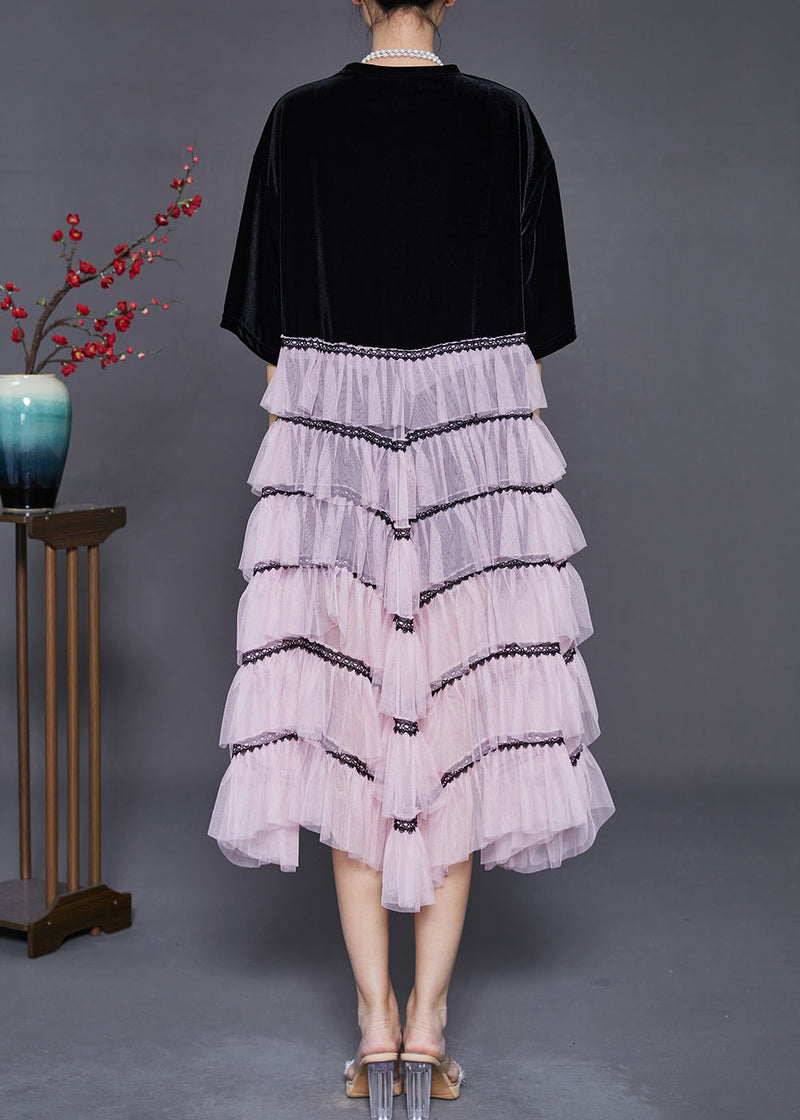 Black Tasseled Patchwork Chinese Button Tulle Dress Summer