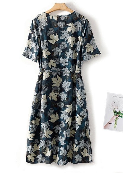 Blue V Neck Print Tie Waist Cotton Dress Summer