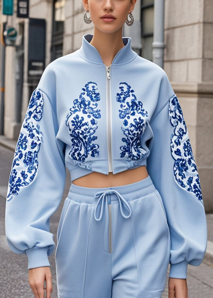Baby Blue Stand Collar Print Cotton Short Coat Fall