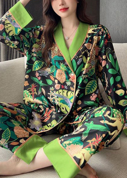 Green Peter Pan Collar Print Ice Silk Pajamas Two-piece Set Spring