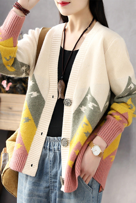 Contrast Color Loose Coat Knitted Cardigan