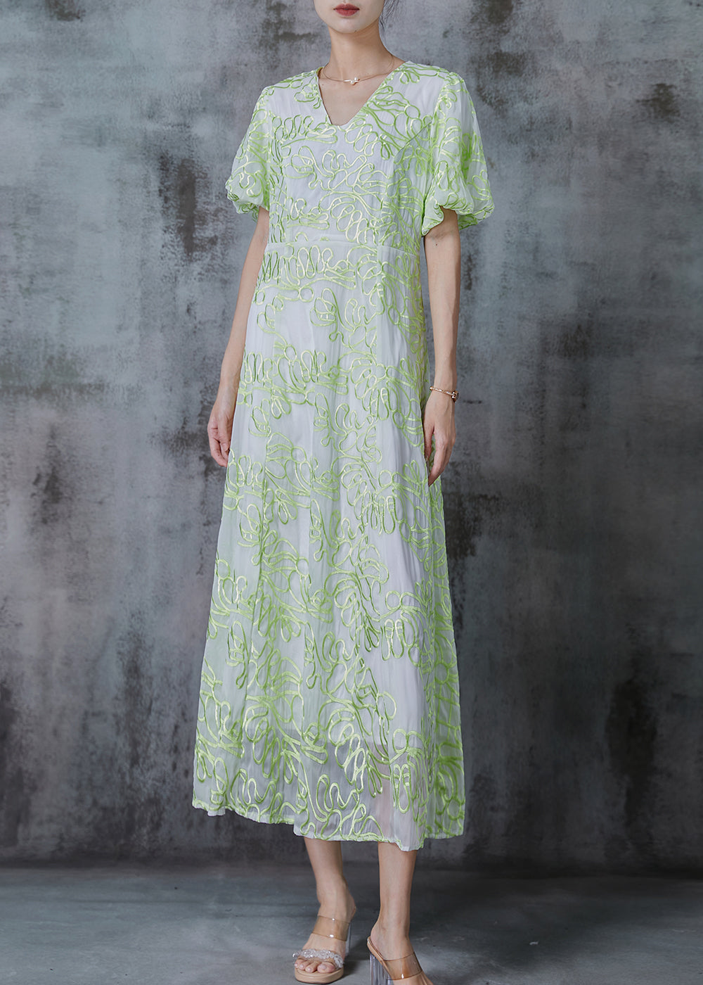 Green Embroidered Organza Robe Dresses Puff Sleeve