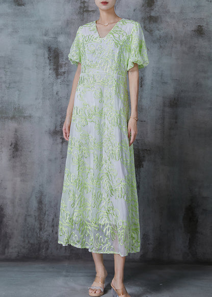 Green Embroidered Organza Robe Dresses Puff Sleeve