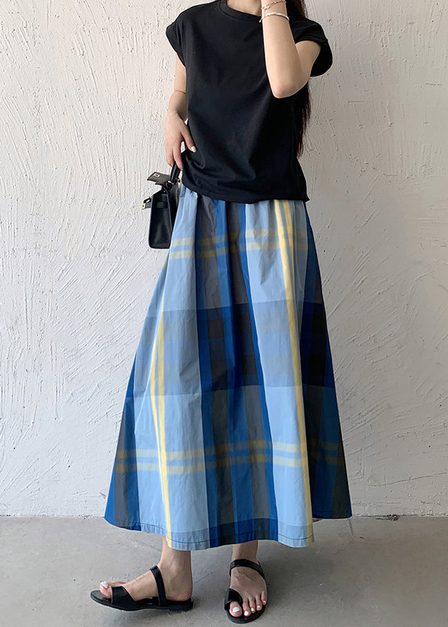 Blue Plaid Exra Large Hem Cotton Skirt Spring