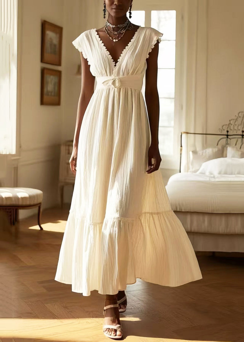 White V Neck Exra Large Hem Cotton Long Dress Sleeveless