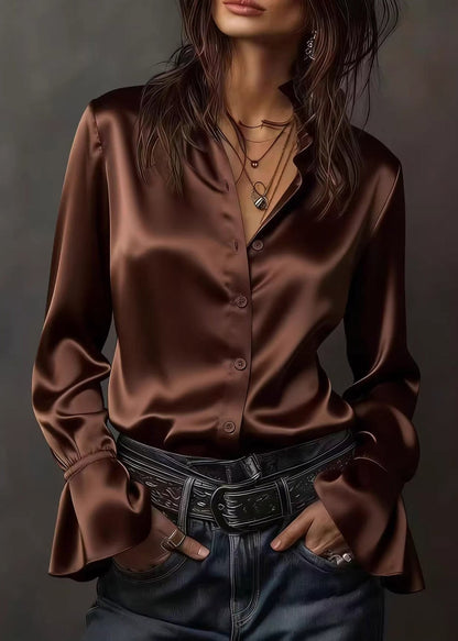 Champagne V Neck Silk Top Flare Sleeve