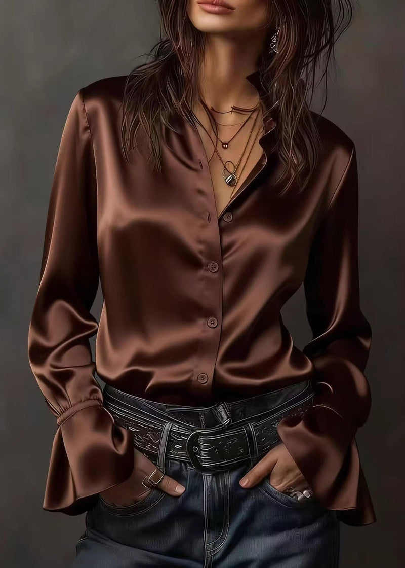 Champagne V Neck Silk Top Flare Sleeve