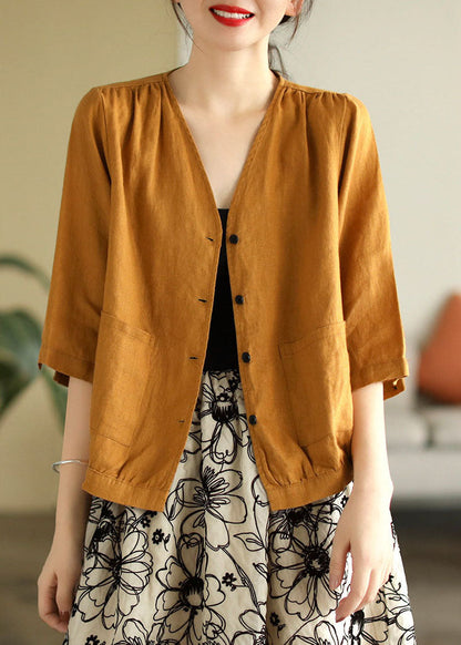 Yellow V Neck Pockets Linen Shirt Tops Half Sleeve