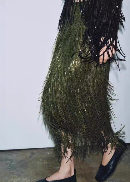 Modern Green Tassel Polyester Sequins Skirt Spring