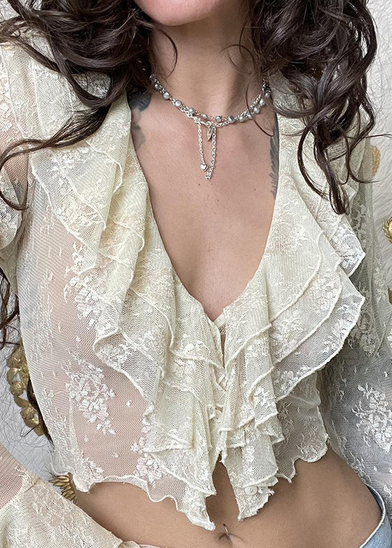 Beige Ruffled Lace Shirt Flare Sleeve