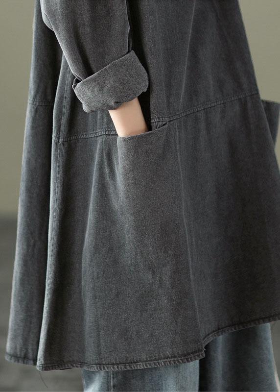 Black Grey-yellow Flower O-neck Pockets Denim Long Dresses Long Sleeve
