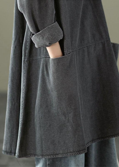 Black Grey-blue Flower O-neck Pockets Denim Long Dresses Long Sleeve