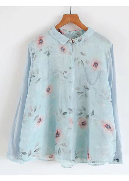 Blue Peter Pan Collar Print Linen Shirt Spring