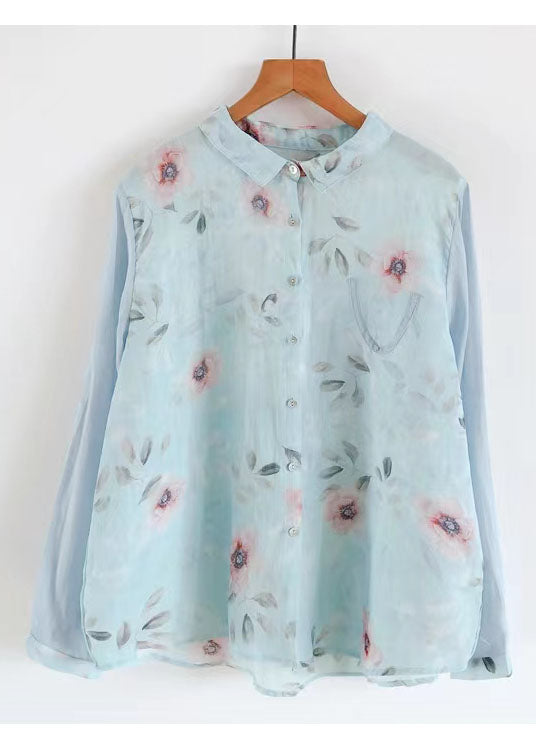Blue Peter Pan Collar Print Linen Shirt Spring