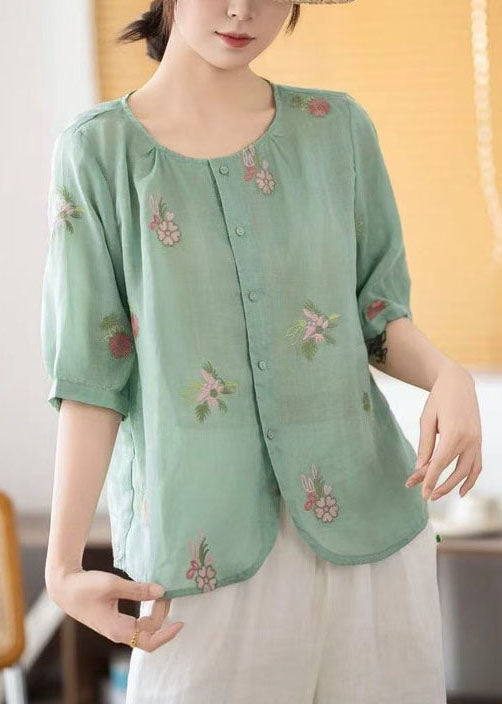 Green Embroidered Linen Top Half Sleeve