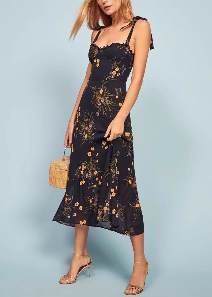 French Black Print Lace Up Chiffon Spaghetti Strap Dresses Summer