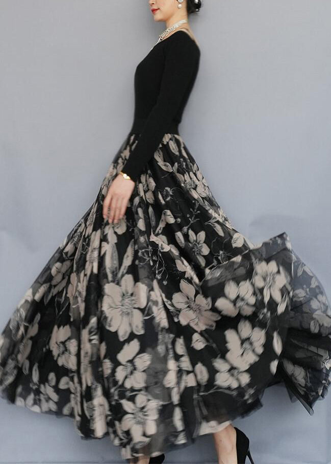 Black Print Exra Large Hem Chiffon Skirts Spring